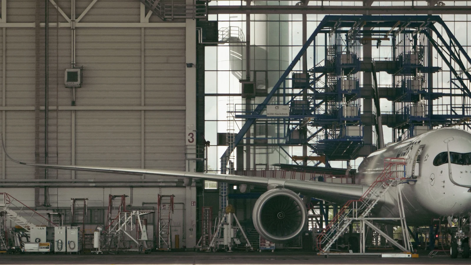 Aircraft inside a maintenance hangar